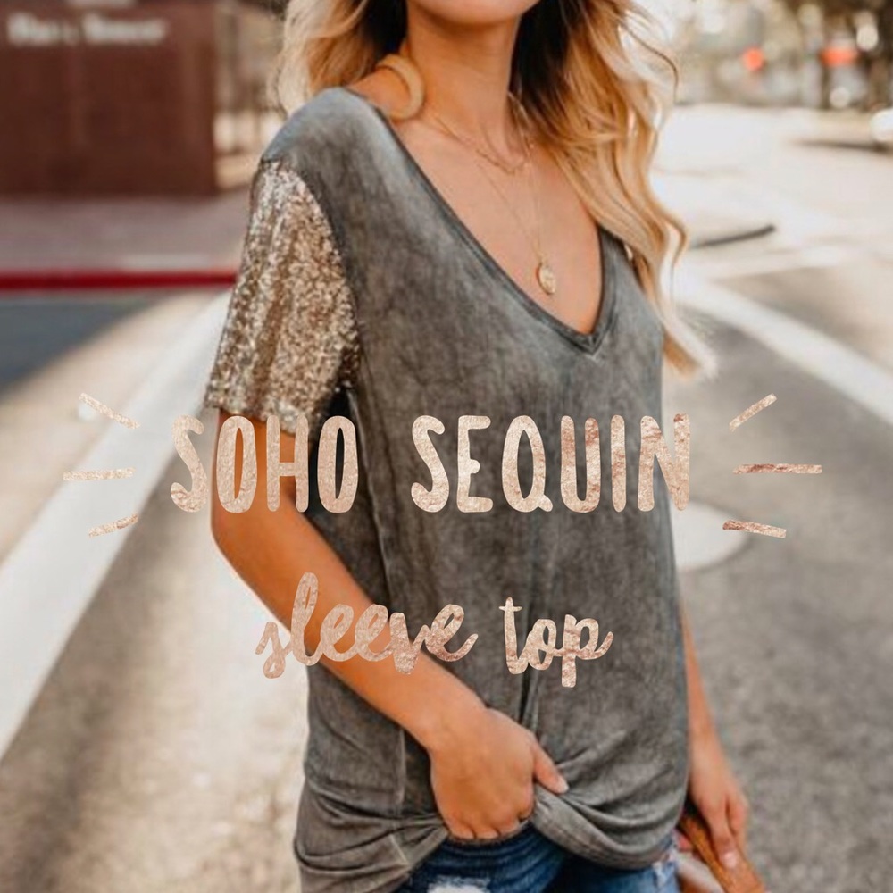 Soho Sequin Sleeve Top In Grey
